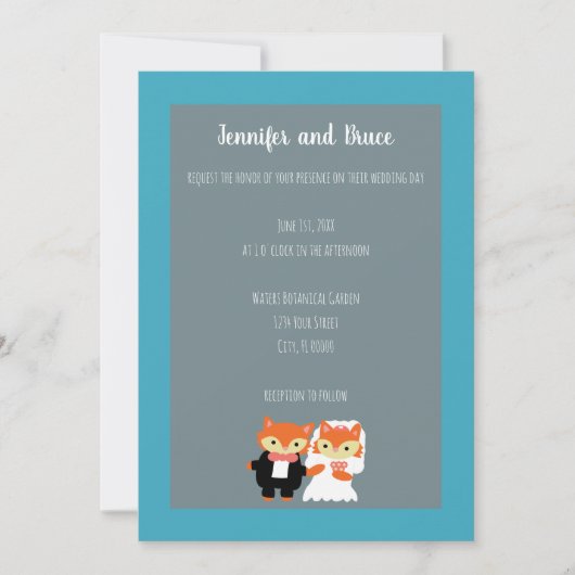 Invitation Fox Bride Groom Cute Turquoise Grey Personnaliser (Devant)