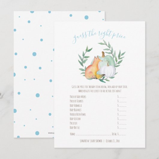 Invitation Fox Citrouille Prix Guess Card - Novembre Douche (Devant / Derrière)