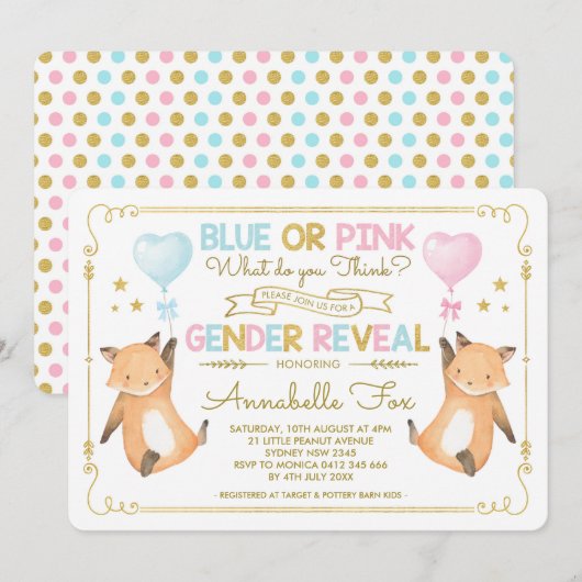Invitation Fox Genre Revele Baby shower bleu rose or (Devant / Derrière)