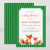 Invitation Fox Mama and Baby Shower Green Stripes Cute (Devant / Derrière)