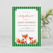 Invitation Fox Mama and Baby Shower Green Stripes Cute (Debout devant)