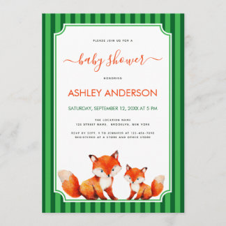 Invitation Fox Mama and Baby Shower Green Stripes Cute