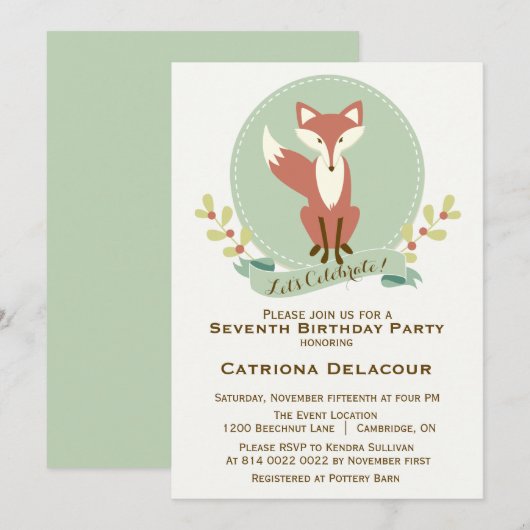Invitation Fox Portrait Floral Anniversaire de enfant Party I (Devant / Derrière)