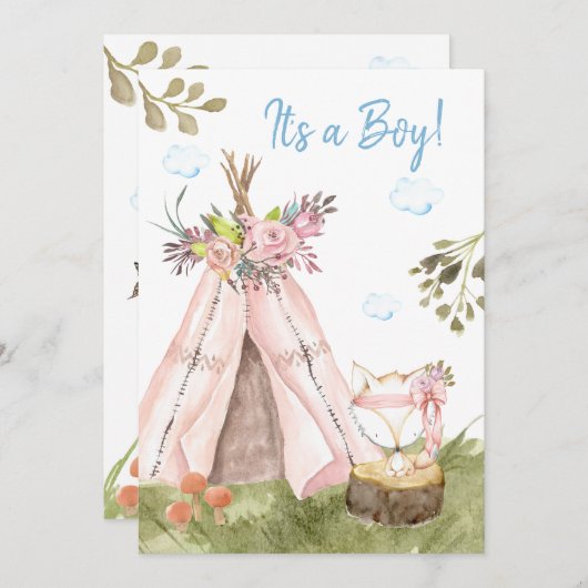 Invitation *~* Fox Teepee Tent Boho Woodland Forest Boy (Devant / Derrière)