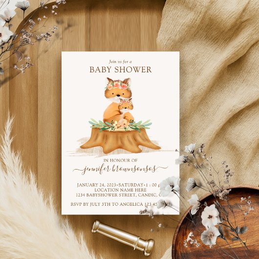 Invitation Fox Watercolor Baby shower maman
