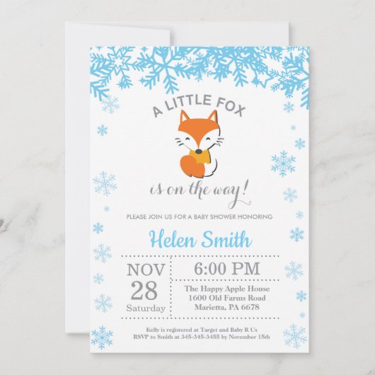Invitation Fox Winter Blue Boy Baby shower Snowflake (Devant)