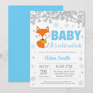 Invitation Fox Winter Blue Boy Baby shower Snowflake