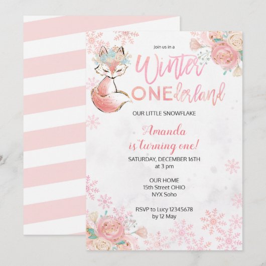 Invitation Fox Winter ONEderland Neige Anniversaire Invitatio (Devant / Derrière)