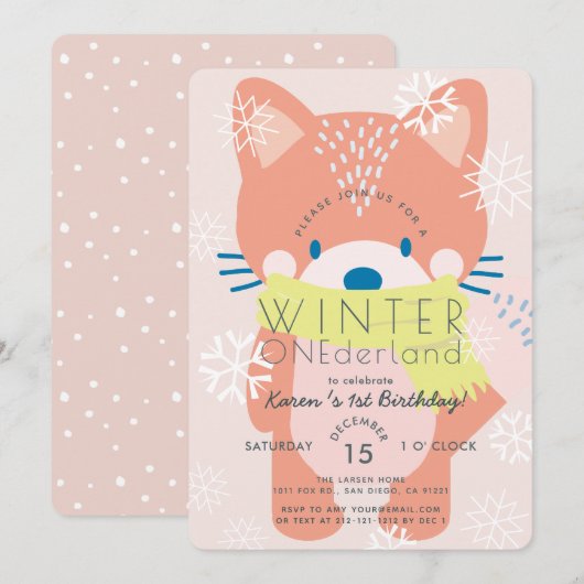 Invitation Fox Winter Onederland rose 1er anniversaire Invita (Devant / Derrière)