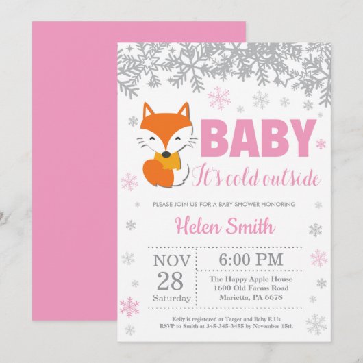 Invitation Fox Winter rose Fille Baby shower Flocon de neige (Devant / Derrière)
