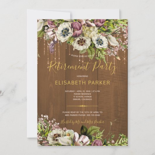 Invitation Foyère de bois de grange en or floral rustique (Devant)