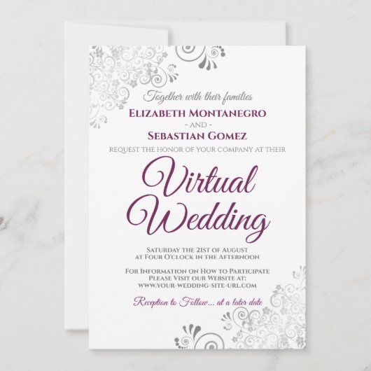 Invitation Fractions argentées Cassis Mariage virtuel blanc v (Devant)