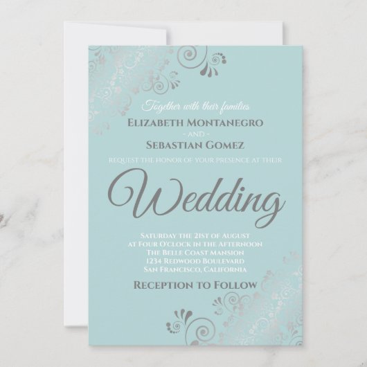 Invitation Fractions argentées Turquoise clair et Mariage gri (Devant)
