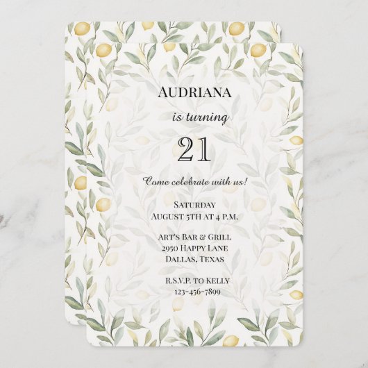 Invitation Fraîche citron jaune Anniversaire (Devant / Derrière)