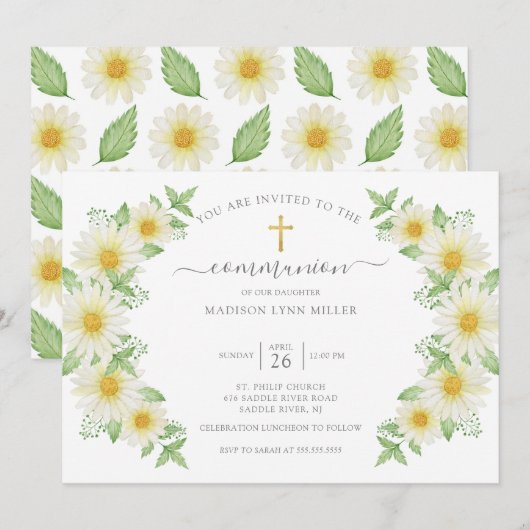Invitation Fraîche marguerite première communion florale Invi (Devant / Derrière)