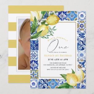 Invitation Fraîchement Un Citron Carreau Bleu Photo 1er Anniv