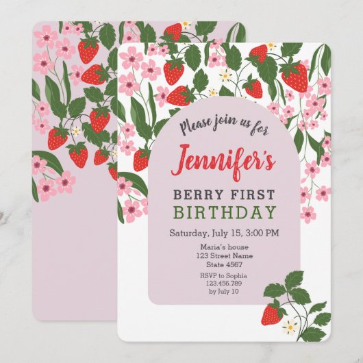 Invitation Fraise 1er anniversaire (Devant / Derrière)