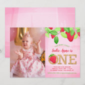Invitation Fraise 1er anniversaire Aquarelle rose photo (Devant / Derrière)