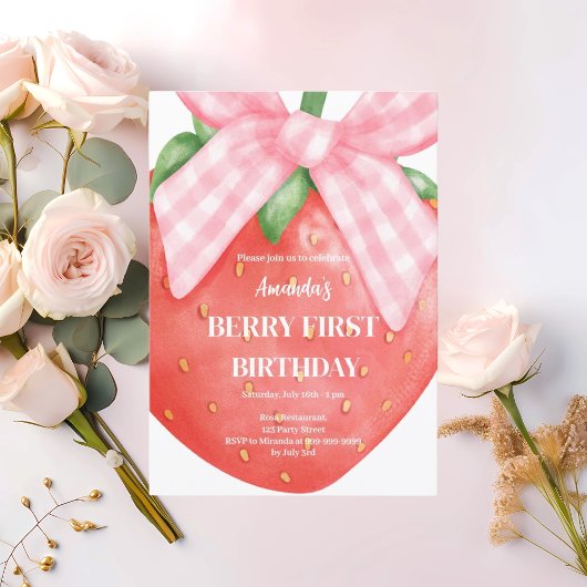 Invitation fraise 1er anniversaire baie première photo arc ro