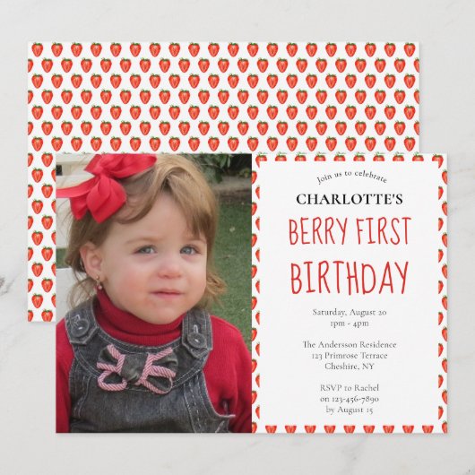 Invitation Fraise 1er anniversaire Berry First Photo Party (Devant / Derrière)