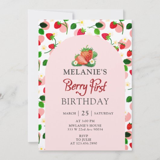 Invitation Fraise 1er anniversaire | Berry First Pink (Devant)