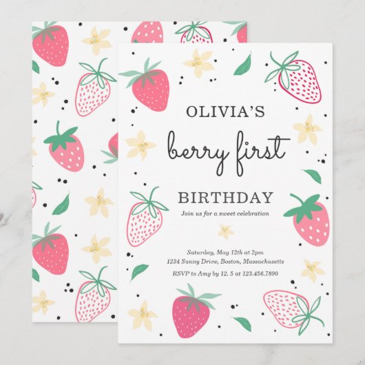Invitation Fraise 1er anniversaire Berry Première fête d'anni (Devant / Derrière)