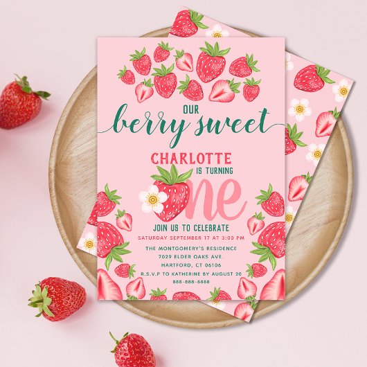 Invitation Fraise 1er Anniversaire Fête Berry Sweet Rose