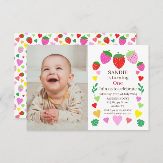Invitation Fraise 1er fête d'anniversaire (Devant / Derrière)
