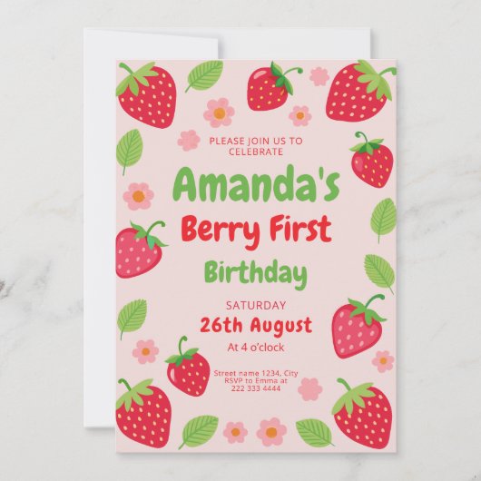 Invitation Fraise 1er fête d'anniversaire, photo (Devant)
