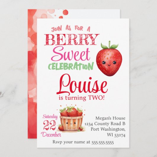Invitation Fraise 2e fête d'anniversaire Berry Anniversaire d (Devant / Derrière)