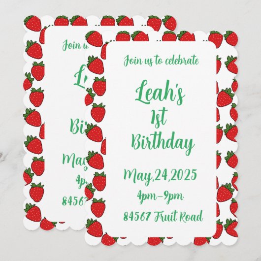 Invitation Fraise Anniversaire Thème de fête (Devant / Derrière)