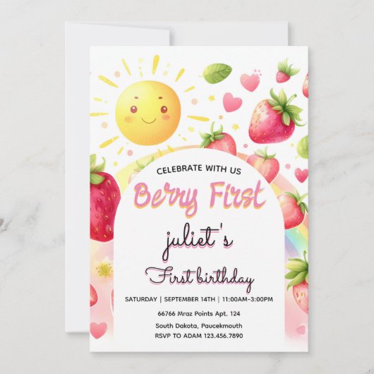 Invitation fraise arc-en-ciel baies 1er anniversaire (Devant)
