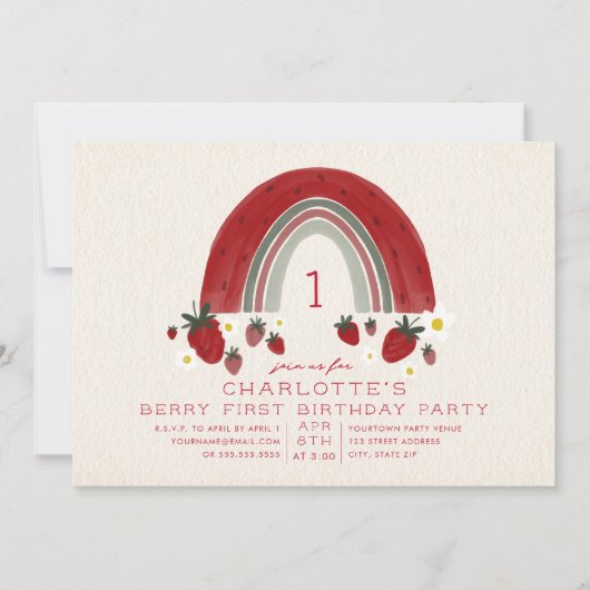 Invitation Fraise arc-en-ciel En vichy Berry 1er anniversaire (Devant)