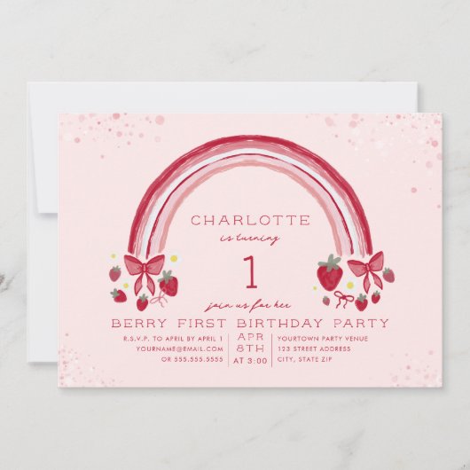 Invitation Fraise Arc-en-ciel Première fête d'anniversaire (Devant)