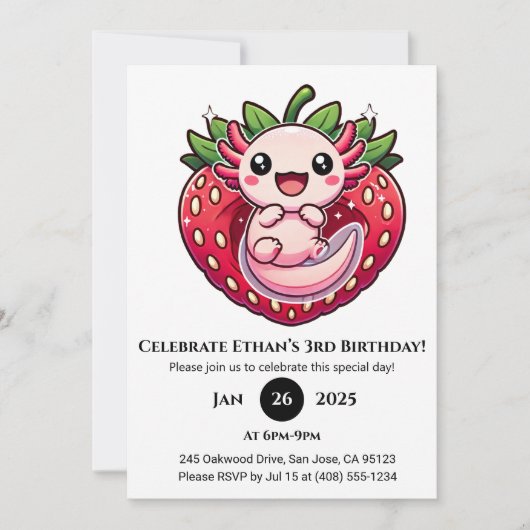 Invitation Fraise Axolotl Joie Anniversaire (Devant)