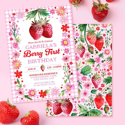 Invitation Fraise Berry Premier Anniversaire Aquarelle