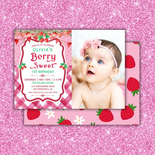 Invitation Fraise Berry Premier anniversaire Photo Fille fête