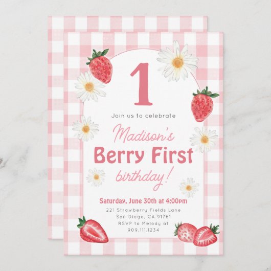 Invitation Fraise Berry Première fête d'anniversaire Invitati (Devant / Derrière)