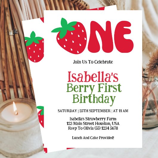 Invitation Fraise Berry Première Fille 1er fête d'anniversair