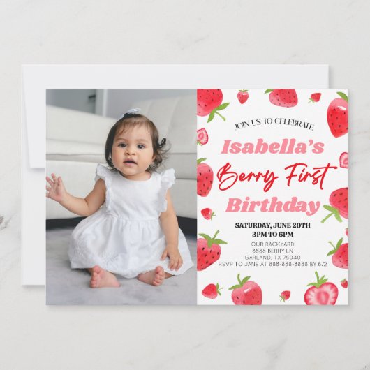 Invitation Fraise Berry Première photo 1ère fête d'anniversai (Devant)