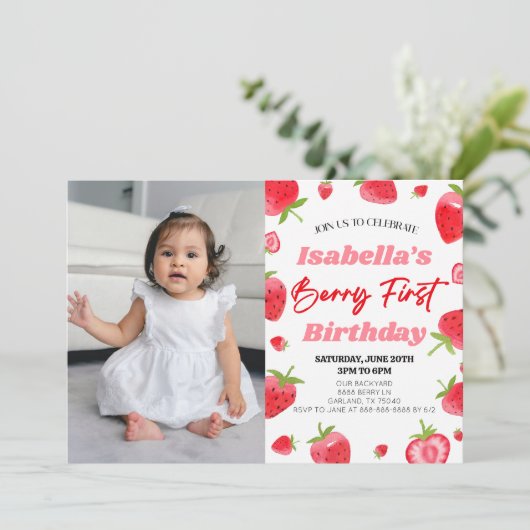 Invitation Fraise Berry Première photo 1ère fête d'anniversai (Debout devant)