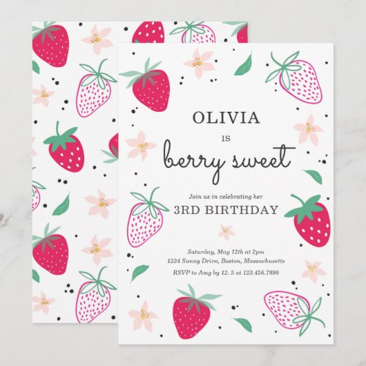 Invitation Fraise Berry Sweet Strawberry Anniversaire (Devant / Derrière)