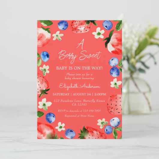 Invitation Fraise bleuet Berry Sweet Girl Baby shower (Debout devant)