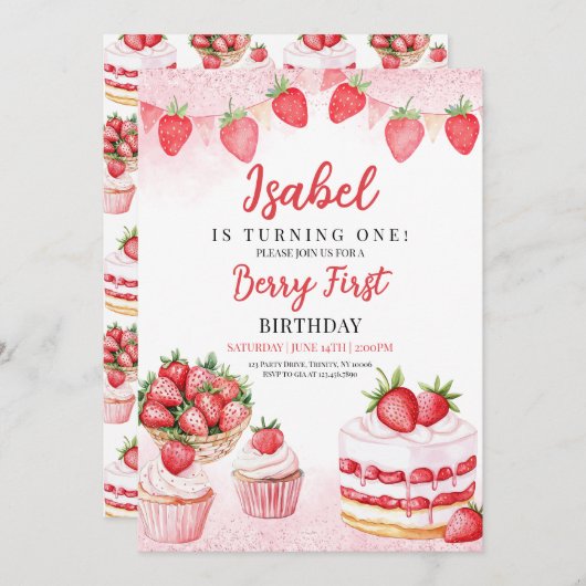 Invitation Fraise Cake Anniversaire (Devant / Derrière)