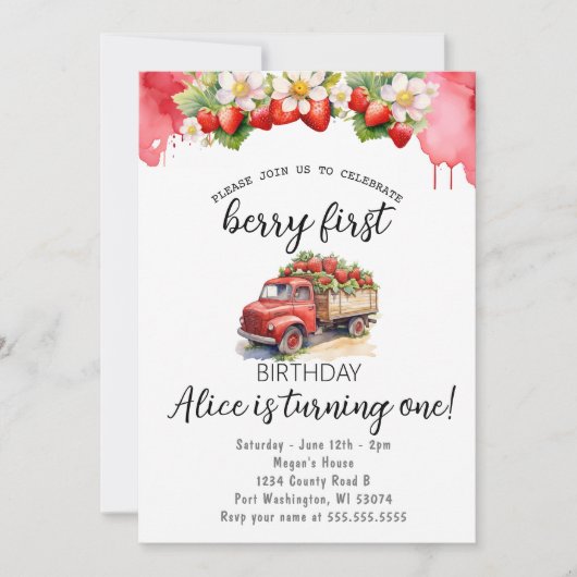 Invitation Fraise Camion Elegance Berry Premier anniversaire (Devant)