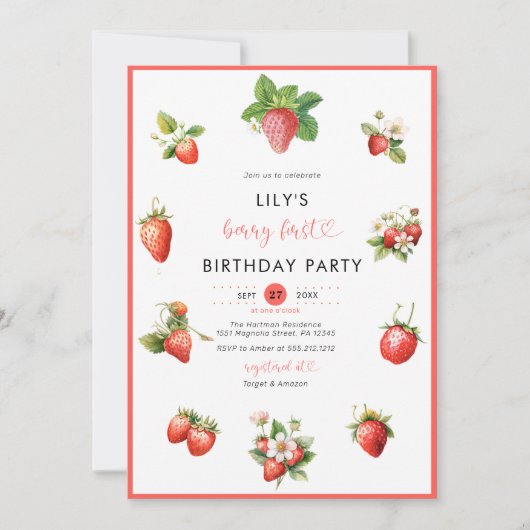 Invitation Fraise d'aquarelle Berry Premier anniversaire (Devant)