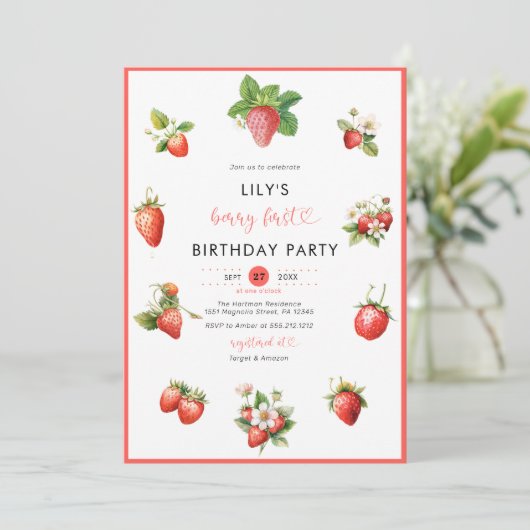 Invitation Fraise d'aquarelle Berry Premier anniversaire (Debout devant)