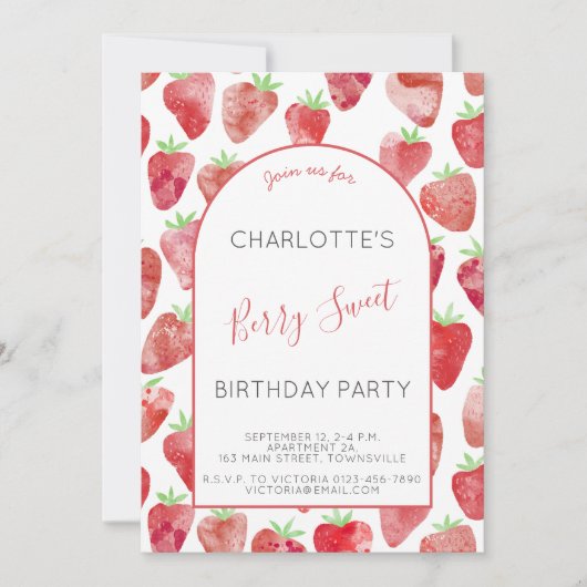 Invitation Fraise d'aquarelle fête d'anniversaire (Devant)