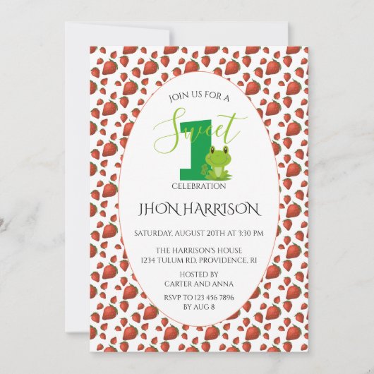 Invitation Fraise de grenouille Première fête d'anniversaire  (Devant)