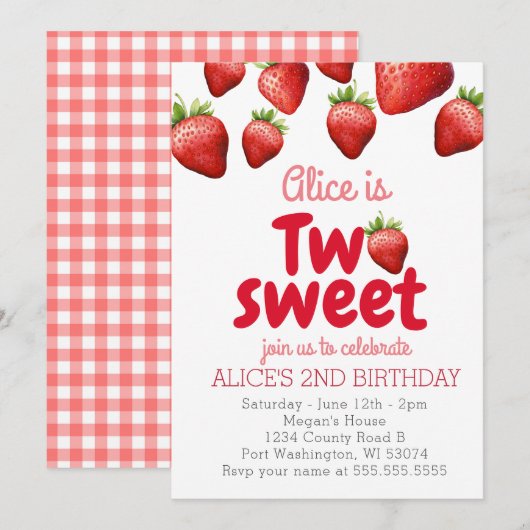 Invitation fraise deux doux 2e anniversaire (Devant / Derrière)